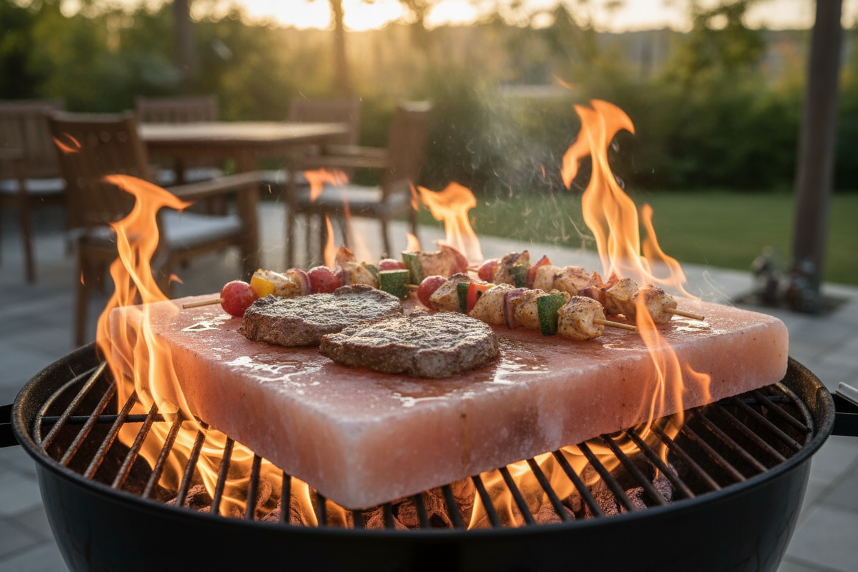 Himalaya zoutsteen kookplaat BBQ op de grill voor een unieke smaakbeleving
