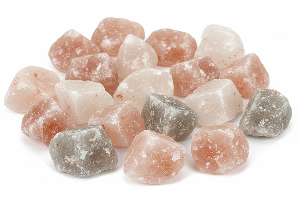 Roze, grijze en witte zoutsteenbrokken