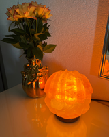 Handgemaakte Himalaya zoutlamp in schelpvorm met parel, op houten voet, geeft warm en sfeervol licht.