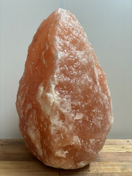 Lichte Himalaya zoutlamp 50–60 kg in natuurlijke roze tint op stevige houten voet