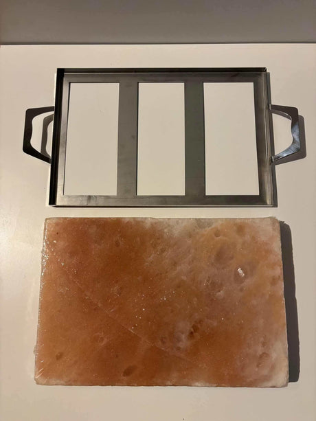 Himalaya zoutsteen kookplaat XL met RVS frame, rechthoekig 38x25x5 cm voor koken en serveren